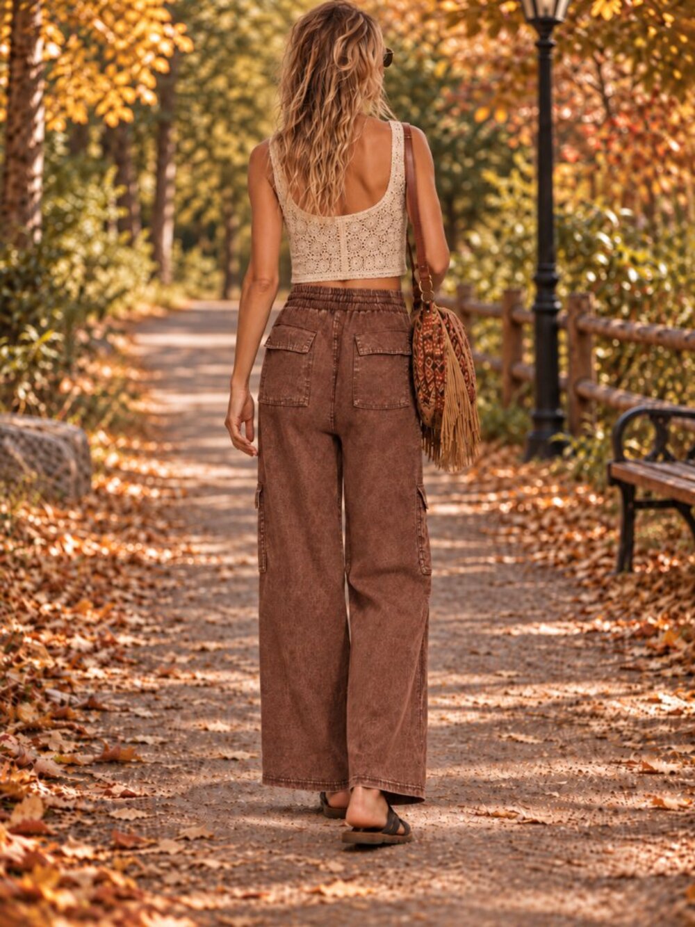 Zenana Outfitters Linen Blend Mahogany Mineral Wash Wide Leg Cargo Pants NWT - Picture 6 of 13